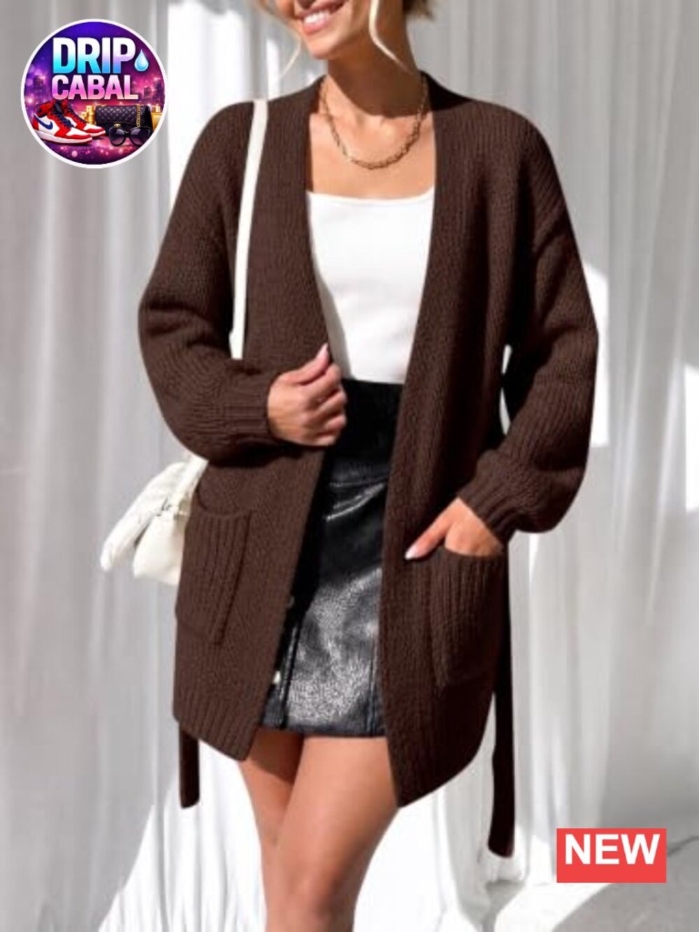 Saodimallsu V Neck Belted Cardigan Sweater Open Front Knit Coat - Picture 5 of 6